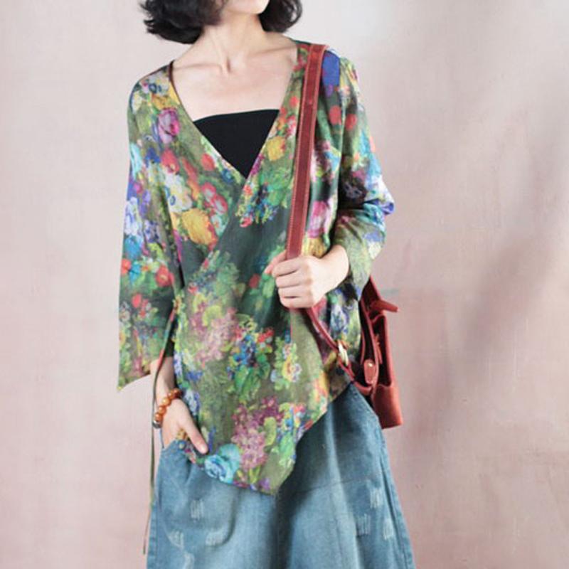 Summer T Shirt Clothing Green Lacing V-neck Ramie Blouse