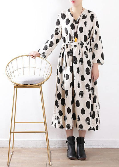Tie Waist Linen Clothes for Work Beige Dotted Dress V Neck