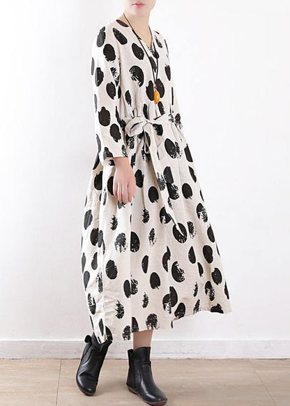 Tie Waist Linen Clothes for Work Beige Dotted Dress V Neck