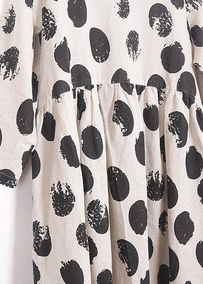 Tie Waist Linen Clothes for Work Beige Dotted Dress V Neck