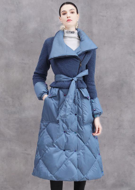 Down Jacket Patchwork Winter Outwear Blue Tie Waist Warm Winter Coat