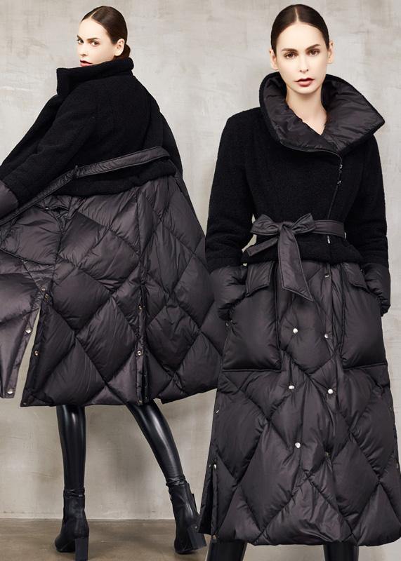 Down Jacket Patchwork Winter Outwear Blue Tie Waist Warm Winter Coat