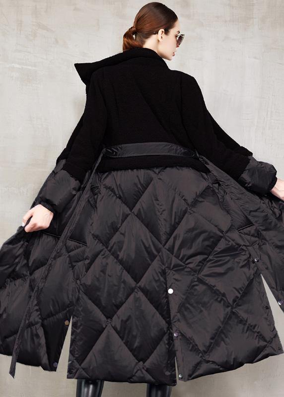 Down Jacket Patchwork Winter Outwear Blue Tie Waist Warm Winter Coat