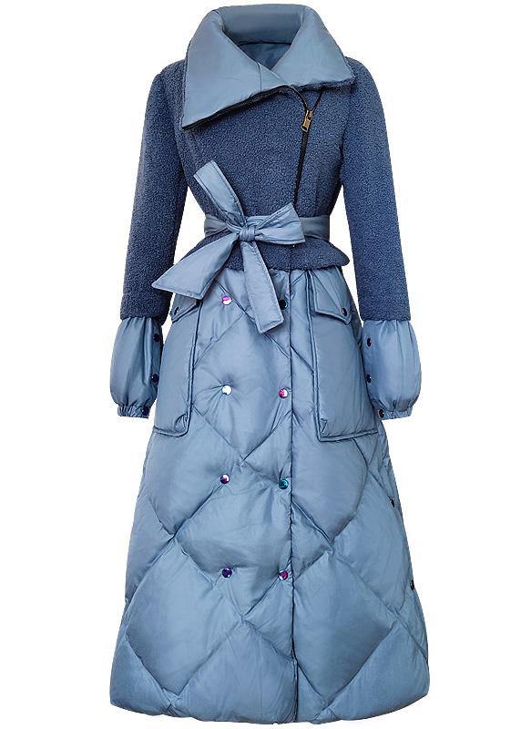 Down Jacket Patchwork Winter Outwear Blue Tie Waist Warm Winter Coat