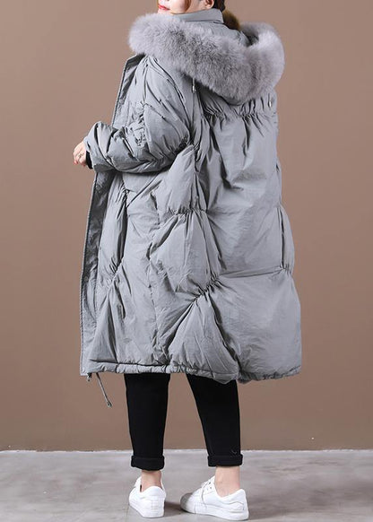 Snow Jackets Winter Gray Hooded Cinched Goose Down Coat