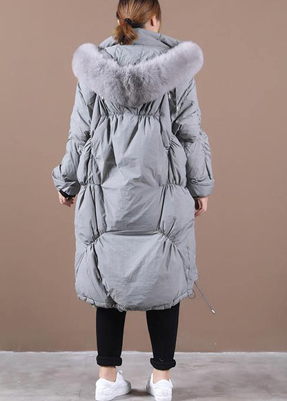 Snow Jackets Winter Gray Hooded Cinched Goose Down Coat