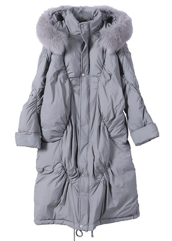 Snow Jackets Winter Gray Hooded Cinched Goose Down Coat