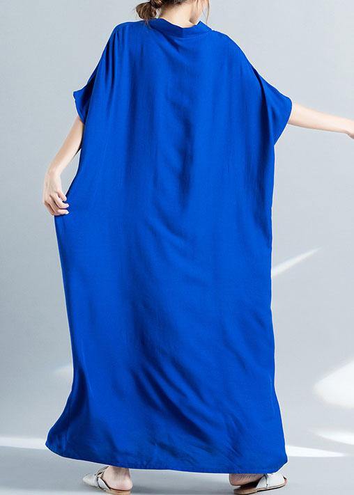 V Neck Baggy Cotton Summer Clothes Pattern Blue Loose Dress