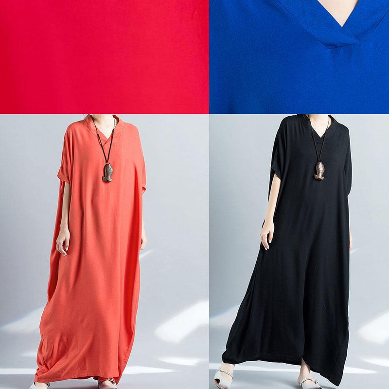 V Neck Baggy Cotton Summer Clothes Pattern Blue Loose Dress