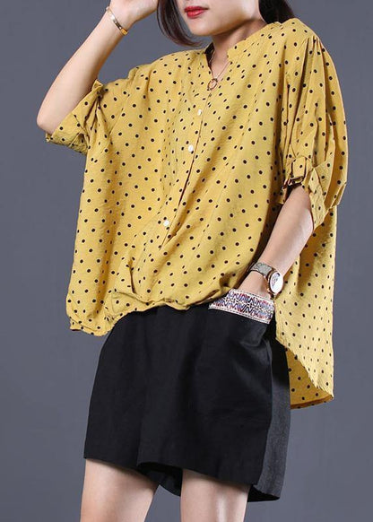 V Neck Cotton Clothes for Shape Yellow Asymmetric Dotted Shirt Summer