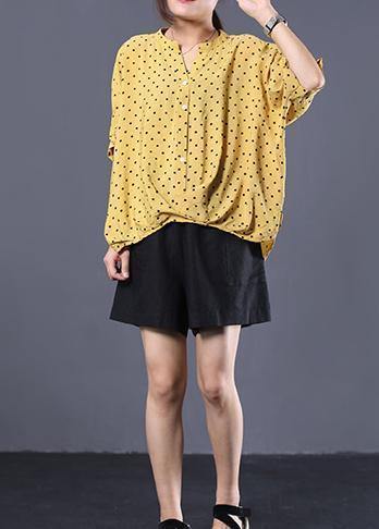 V Neck Cotton Clothes for Shape Yellow Asymmetric Dotted Shirt Summer