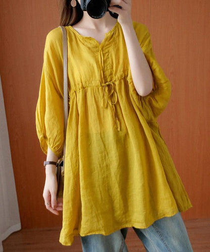 V Neck Drawstring Blouses for Sewing Yellow Top