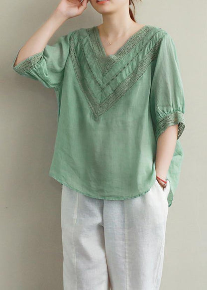 V Neck Half Sleeve Linen Tunic Top Photography Green Hollow Out Tops