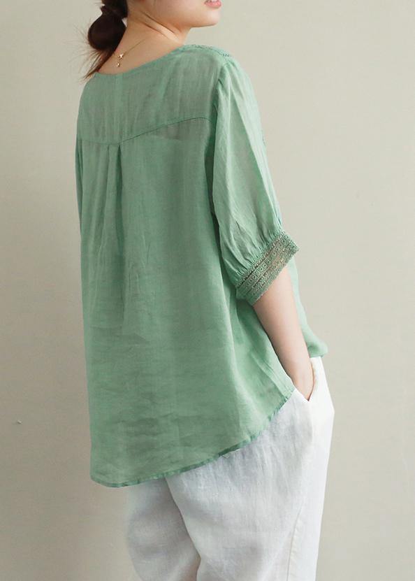 V Neck Half Sleeve Linen Tunic Top Photography Green Hollow Out Tops