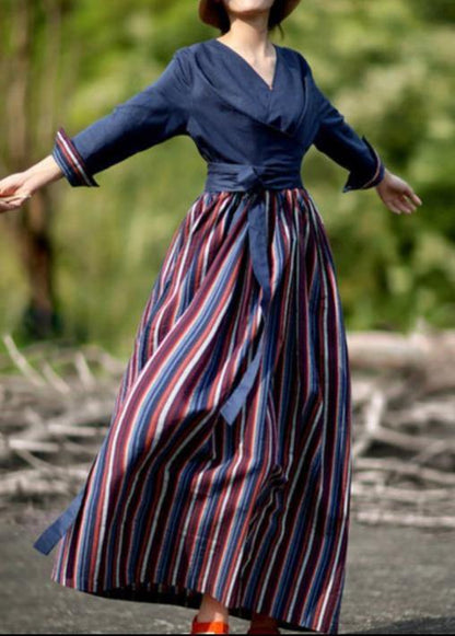 V Neck Patchwork Striped Spring Quilting Dresses Catwalk Navy Dress