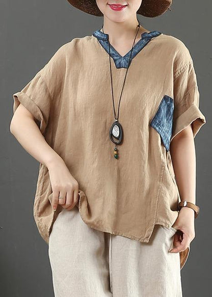 V Neck Pockets Linen Shirts Cotton Khaki Blouses