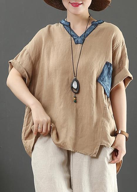 V Neck Pockets Linen Shirts Cotton Khaki Blouses