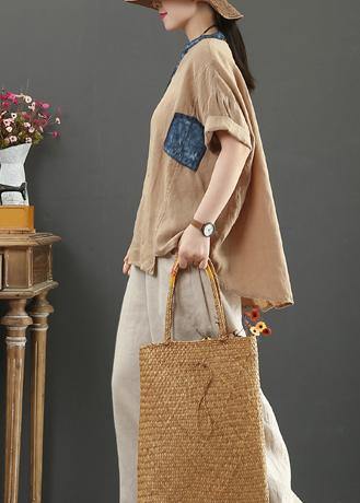 V Neck Pockets Linen Shirts Cotton Khaki Blouses