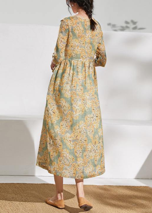 V Neck Tie Waist Linen Summerclothes Fabrics Green Print Dress