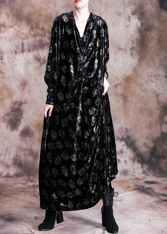 V Neck Velour Tunic Work Outfits Black Prints Long Dresses Fall