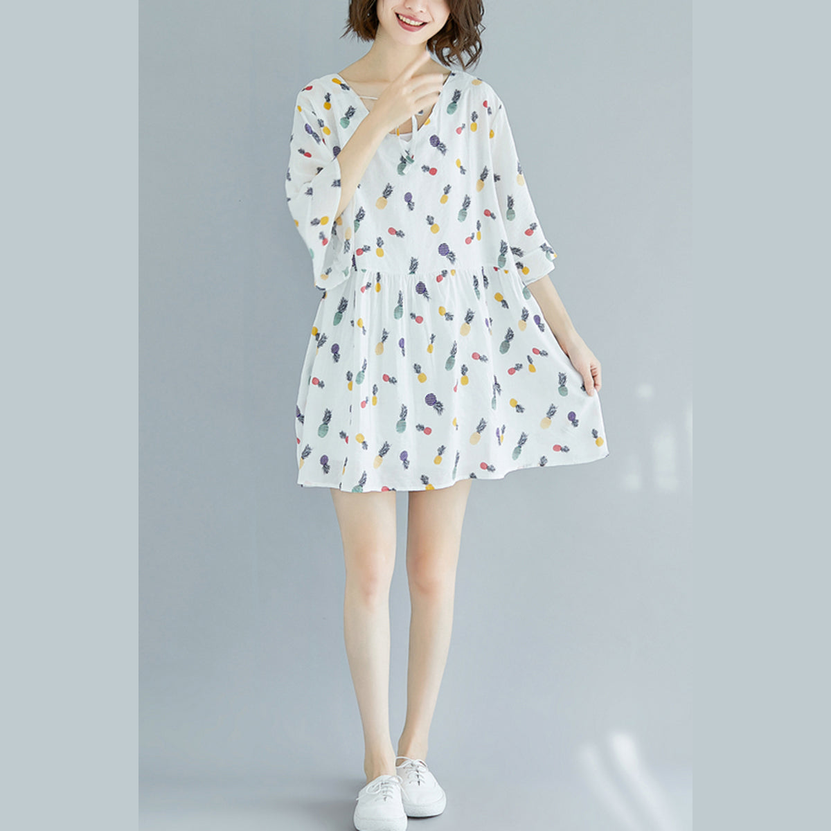 White Midi Cotton Dresses Dress Fine Half Sleeve V Neck Knee Dresses