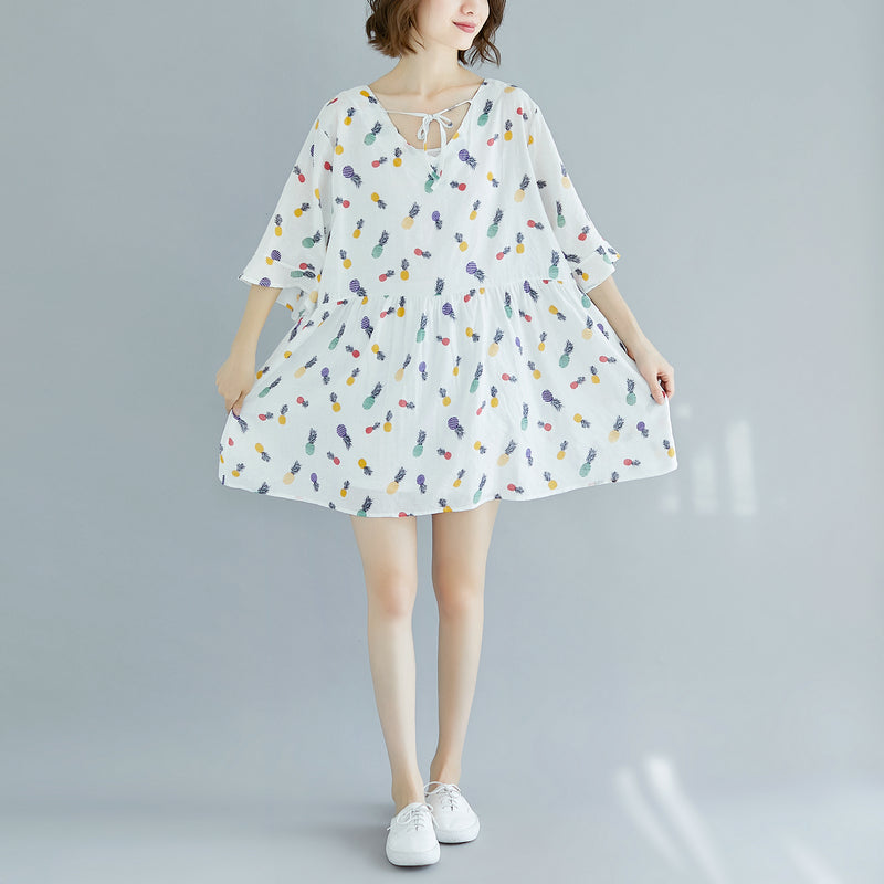 White Midi Cotton Dresses Dress Fine Half Sleeve V Neck Knee Dresses
