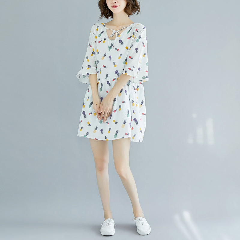 White Midi Cotton Dresses Dress Fine Half Sleeve V Neck Knee Dresses