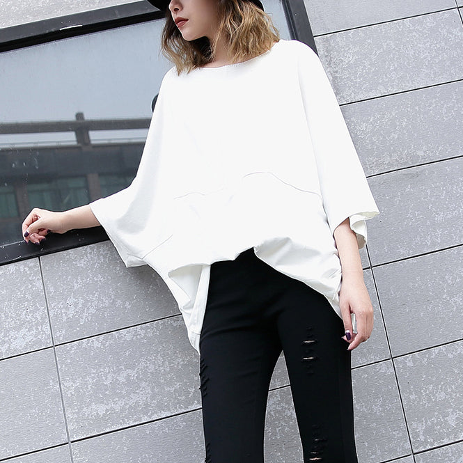 White Midi Cotton Pullover Loose Fitting Cotton T Shirt Batwing Sleeve Loose Waist Cotton Clothing