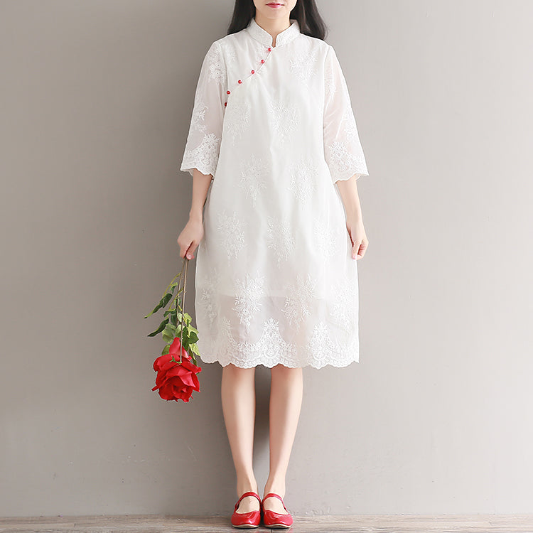 White Chiffon Dress Stand Half Sleeve Party Dress Patchwork Embroidery Beach Dress