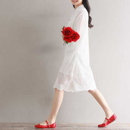 White Chiffon Dress Stand Half Sleeve Party Dress Patchwork Embroidery Beach Dress