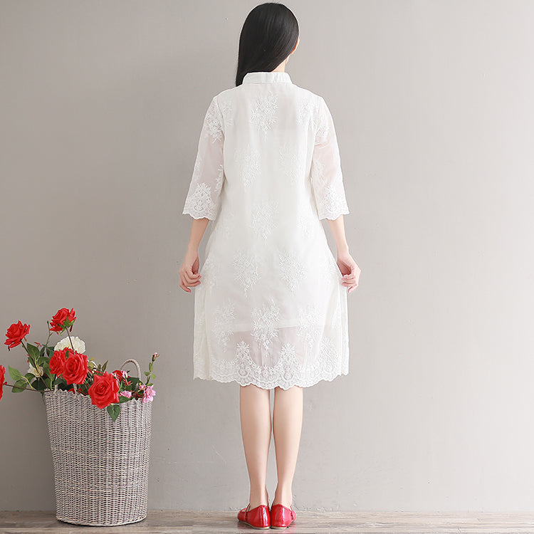 White Chiffon Dress Stand Half Sleeve Party Dress Patchwork Embroidery Beach Dress