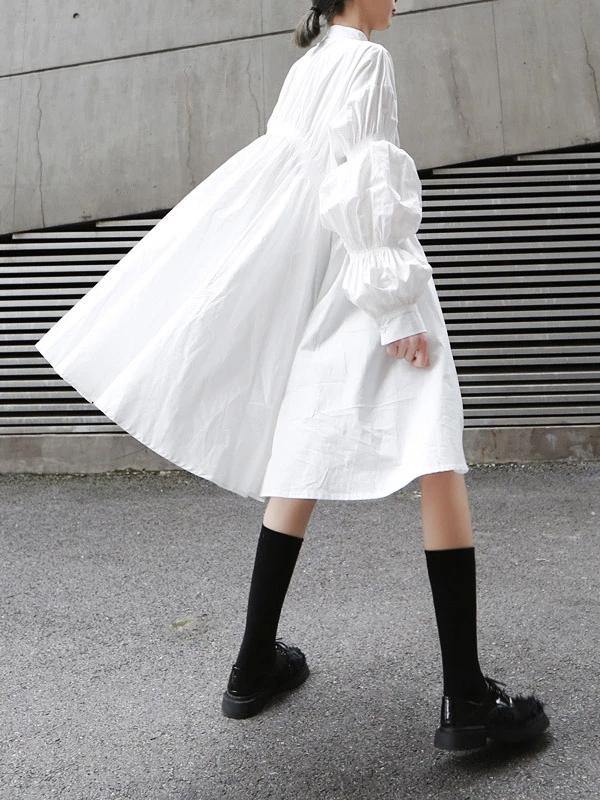 White Cotton Clothes for Stand Collar Cinched Dresses Tops