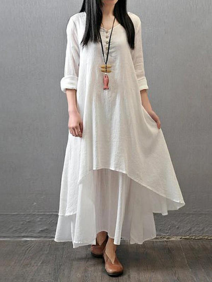 White Cotton Outfit V Neck Patchwork Dresses