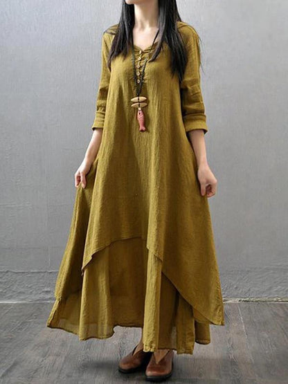 White Cotton Outfit V Neck Patchwork Dresses