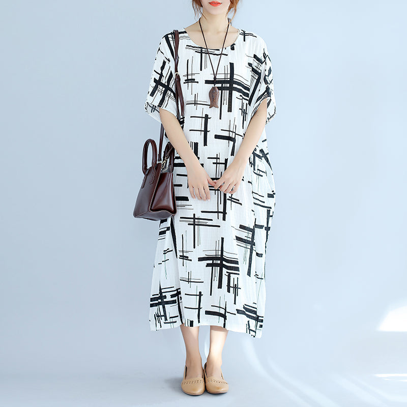 White Linen Dress Asymmetric Design Striped Cotton Dresses O Neck Linen Cotton Dress