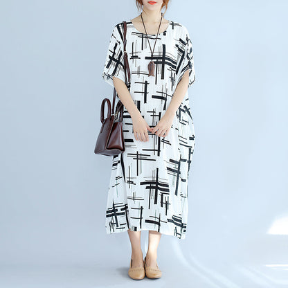 White Linen Dress Asymmetric Design Striped Cotton Dresses O Neck Linen Cotton Dress