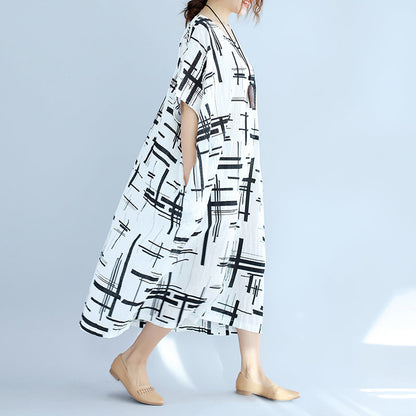 White Linen Dress Asymmetric Design Striped Cotton Dresses O Neck Linen Cotton Dress