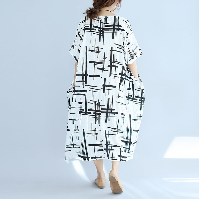 White Linen Dress Asymmetric Design Striped Cotton Dresses O Neck Linen Cotton Dress