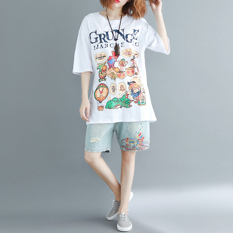 White Print Cotton Tops Wardrobes O Neck Oversized Top