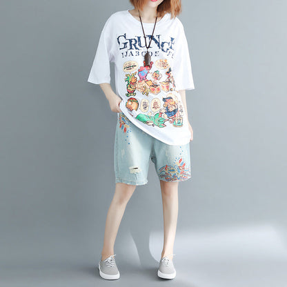 White Print Cotton Tops Wardrobes O Neck Oversized Top