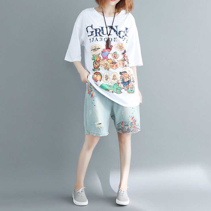 White Print Cotton Tops Wardrobes O Neck Oversized Top