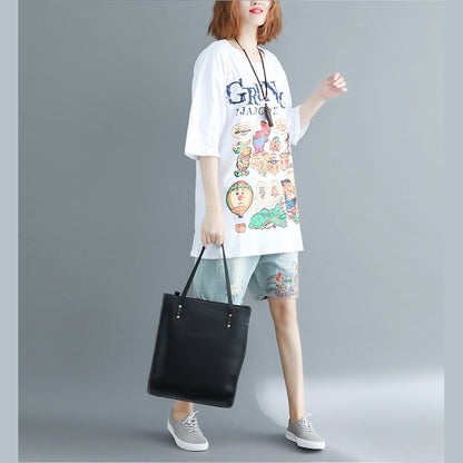 White Print Cotton Tops Wardrobes O Neck Oversized Top