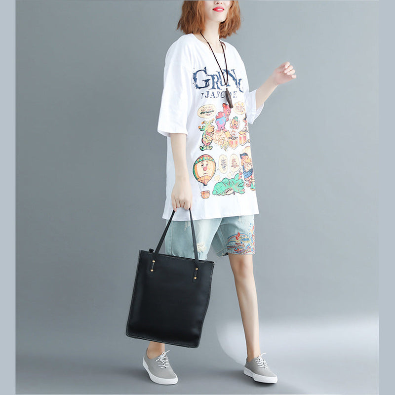 White Print Cotton Tops Wardrobes O Neck Oversized Top