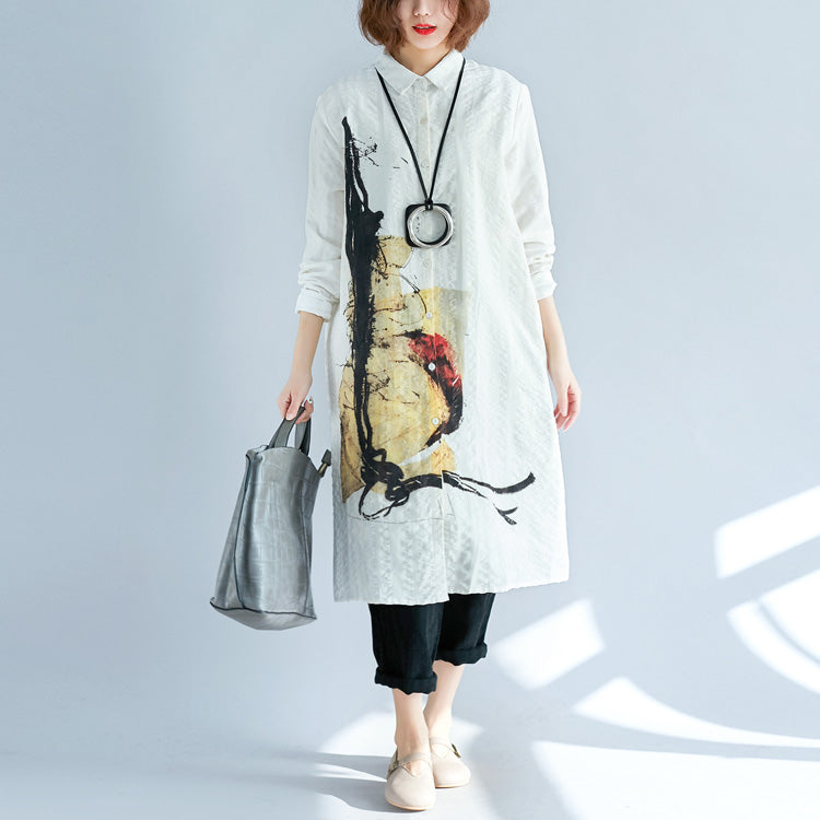 White Pure Cotton Shirt Dresses Cotton Dresses New Long Sleeve Turn-down Collar Pockets Cotton Shirt Dress