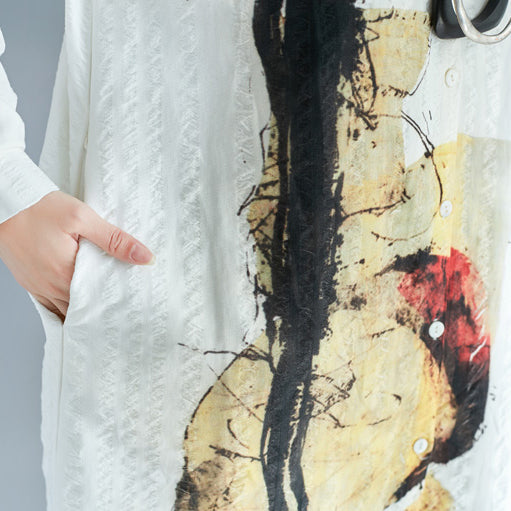 White Pure Cotton Shirt Dresses Cotton Dresses New Long Sleeve Turn-down Collar Pockets Cotton Shirt Dress