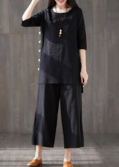 Wide Leg Pants Two Pieces Cotton Clothes Catwalk Black O Neck Chinese Button Tops
