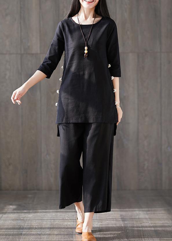 Wide Leg Pants Two Pieces Cotton Clothes Catwalk Black O Neck Chinese Button Tops
