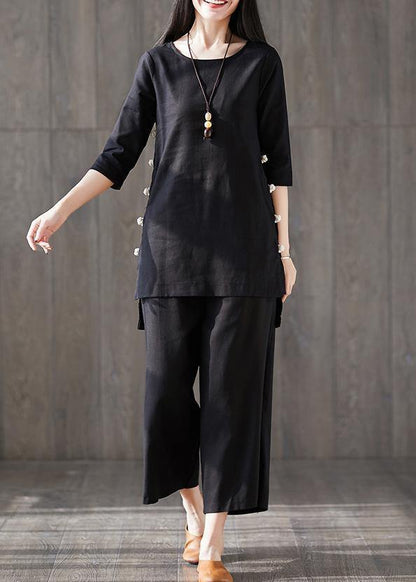 Wide Leg Pants Two Pieces Cotton Clothes Catwalk Black O Neck Chinese Button Tops