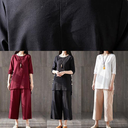 Wide Leg Pants Two Pieces Cotton Clothes Catwalk Black O Neck Chinese Button Tops