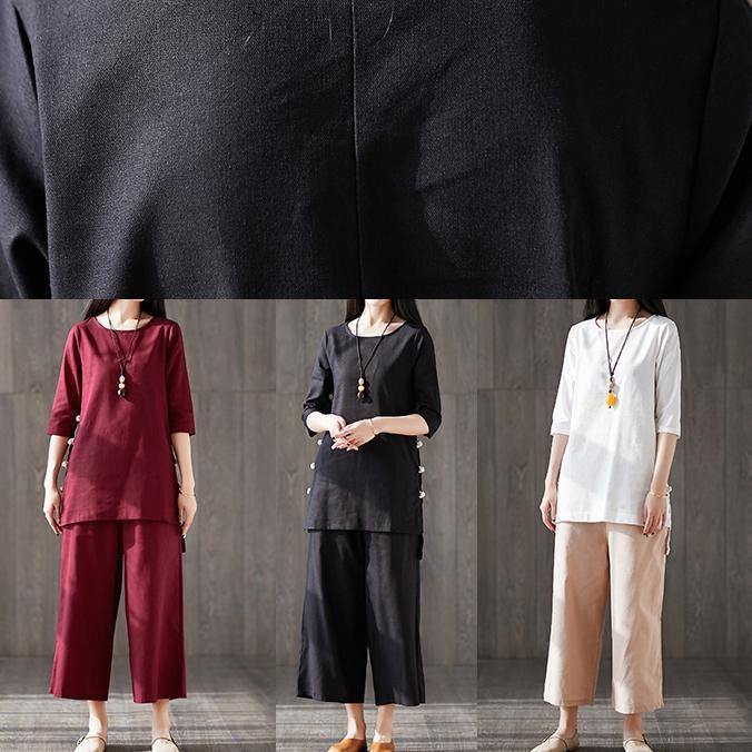 Wide Leg Pants Two Pieces Cotton Clothes Catwalk Black O Neck Chinese Button Tops